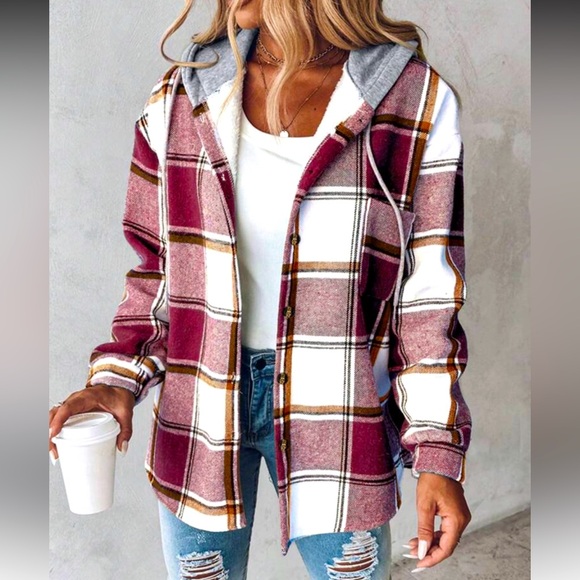 Anthropologie Jackets & Blazers - Anthropologie Red And White Plaid Hooded Flannel Jacket